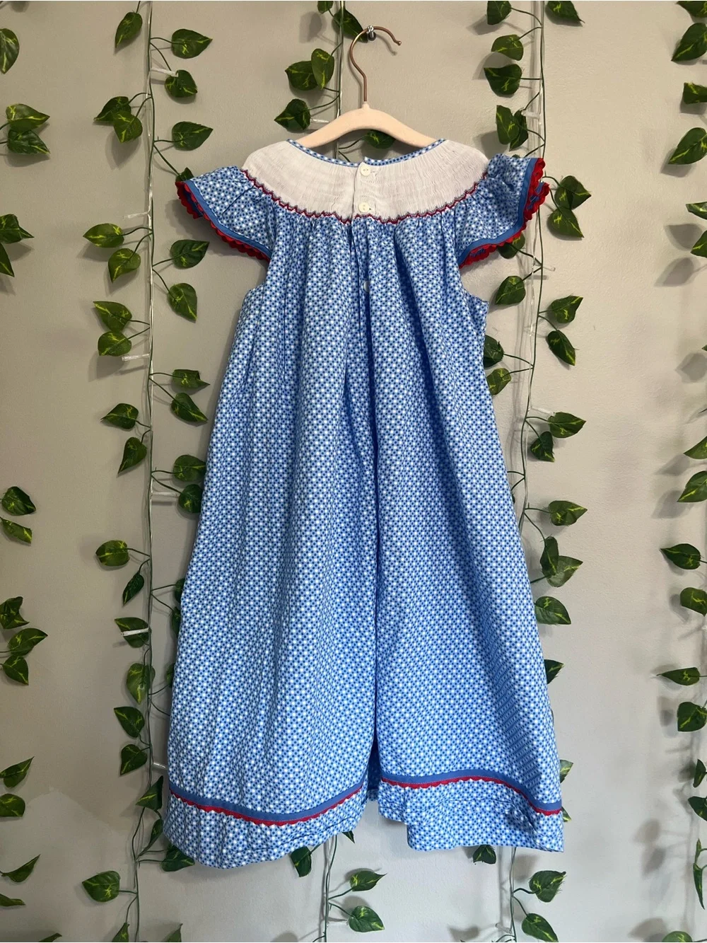 Blue Smocked Nightgown for Girls with Red Embroidery